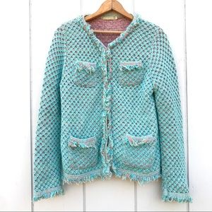 Relais Knitwear Turquoise and Lavender Fringe Cardigan